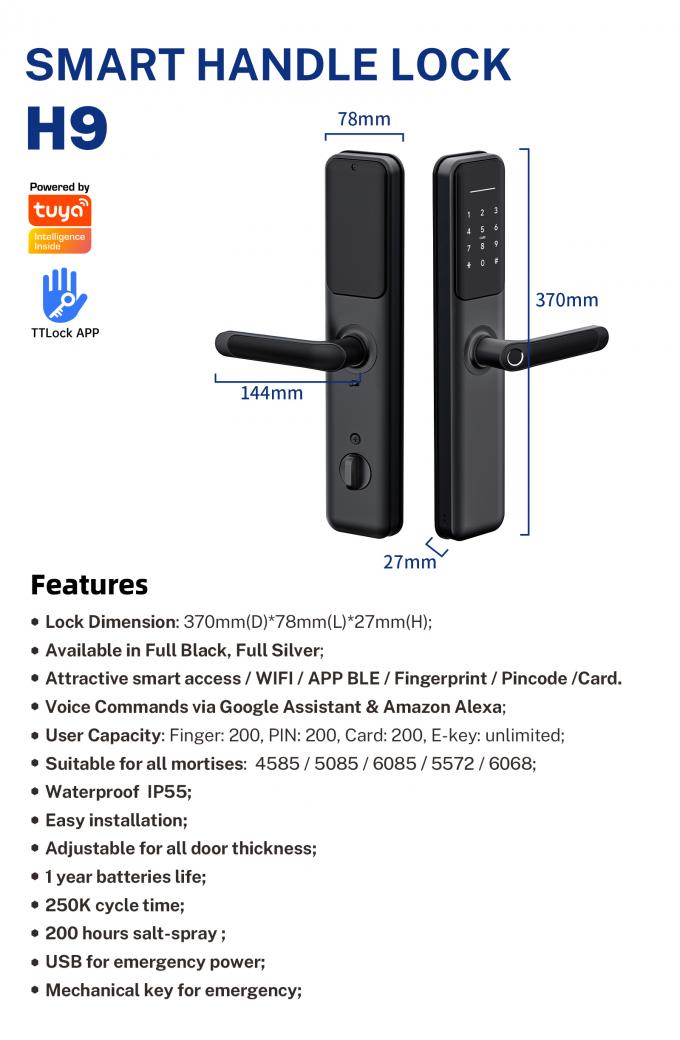 Tuya WiFi Smart Electric Digital Door Lock ล็อคประตูลายนิ้วมือกันน้ำ 6