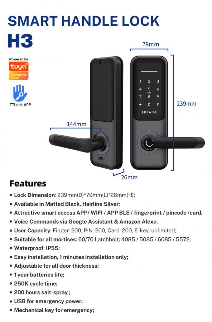ลายนิ้วมือความปลอดภัยสูง Ttlock Smart Lock Tuya WIFI BLE Digital Smart Door Lock 3