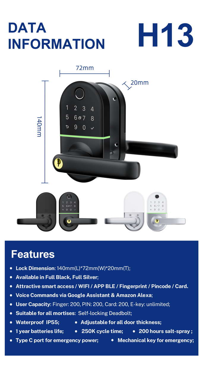 Tuya Wifi Digit Fingerprint Keypad Smart Door Lock วัสดุอลูมิเนียมอัลลอยด์ 5